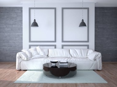 Beyaz bir kanepe ile odası iç tasarım. 3D çizim