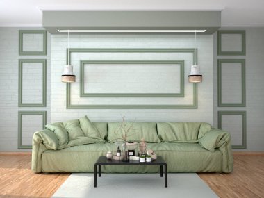 Beyaz bir kanepe ile odası iç tasarım. 3D çizim