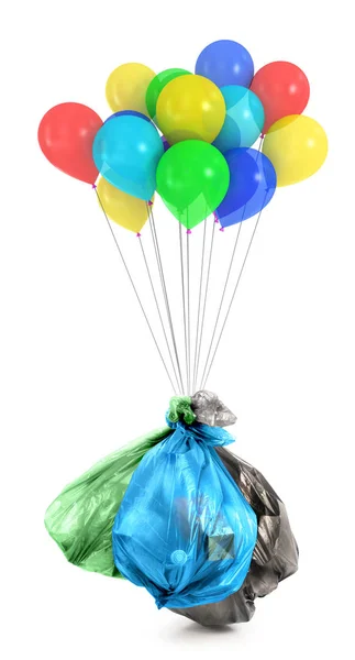 Das Konzept Des Recyclings Von Müll Luftballons Fliegen Mit Müllsäcken — Stockfoto