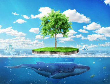 . Adanın okyanusun ortasında yeşil bir ağaç. Planet Kaydet.