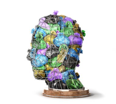 Kuş kafesi bir kafa şeklinde beyaz bir arka plan üzerinde izole çöp torbası dolu