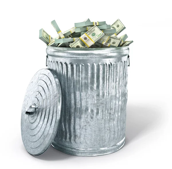 垃圾桶可以在白色背景上被孤立的钱 — 图库照片