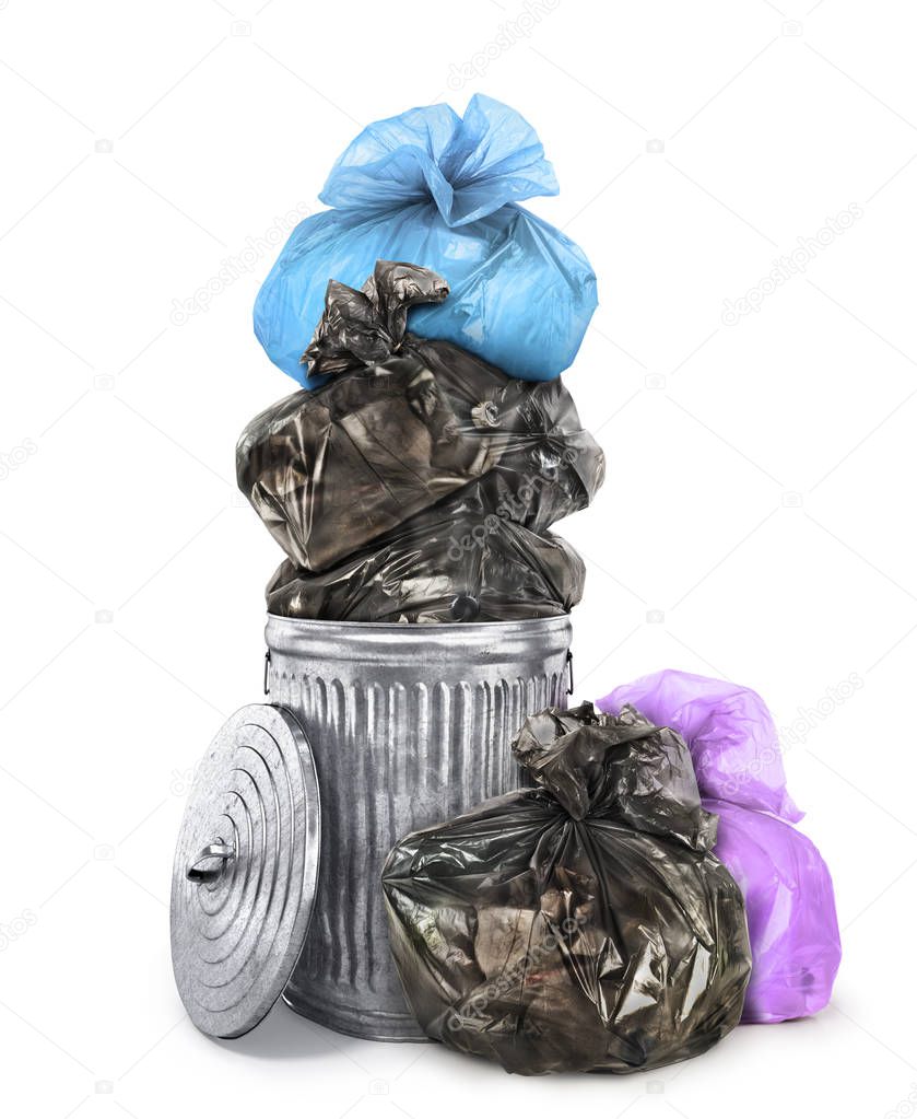 Concept of pollution. Garbage bags inside and around trash container isolated on white background