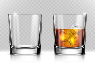 Bardak scotch viski ve buz üzerinde saydam arka plan