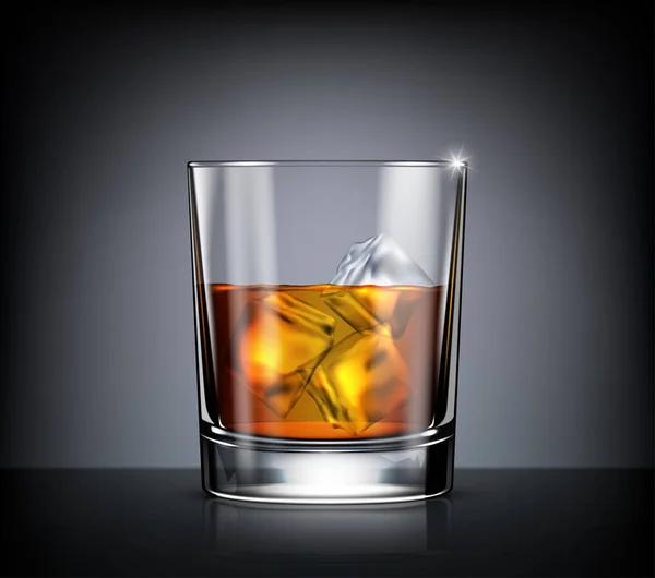 Vaso Whisky Con Hielo Sobre Fondo Negro — Vector de stock