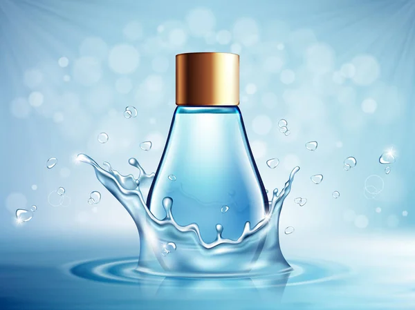 Vector Illustration Realistic Cosmetic Glass Bottle Blue Background Water Splash — Stock Vector