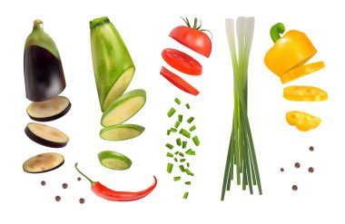 Sebze kümesi. Biber, domates, patlıcan, kabak, soğan Beyaz arka plan üzerinde izole