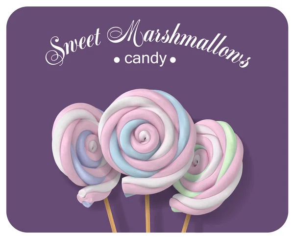 Söt Marshmallow Pinne Olika Färger Vektorillustration Lila Bakgrund — Stock vektor