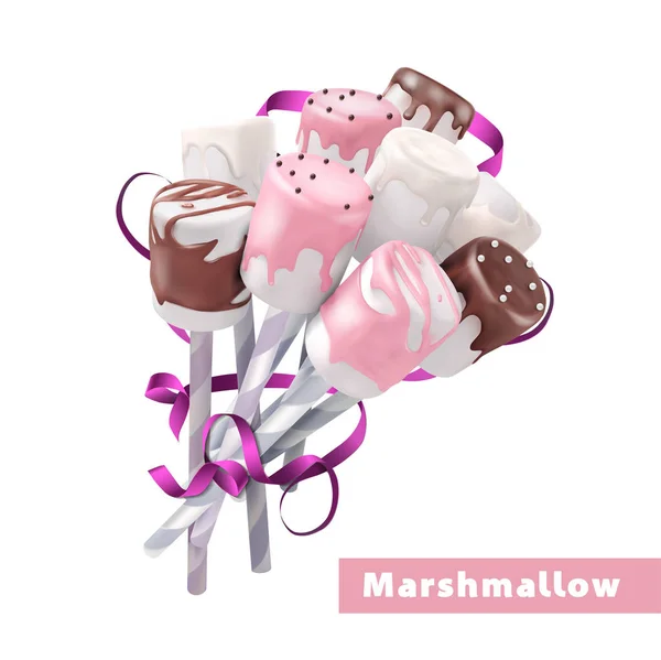 Marshmallow Cores Diferentes Esmalte Chocolate Pau Ilustração Vetorial Sobre Fundo — Vetor de Stock