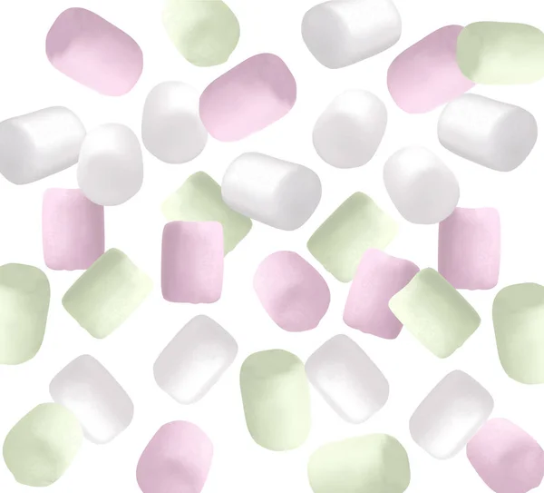 Patroon Van Mooie Witte Groene Roze Marshmallows Geïsoleerd Een Witte — Stockvector