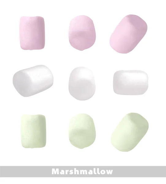 Marshmallow Bianco Verde Rosa Fondo Bianco Isolato Buona Illustrazione Vettoriale — Vettoriale Stock