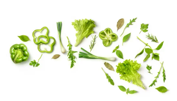 Здоровое Питание Овощи Зеленый Перец Лук Руккола Салат Белом Фоне — стоковое фото