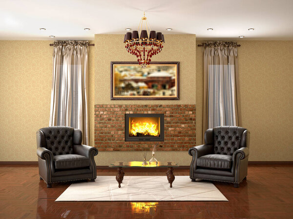 design of living room with fireplace and two armchairs. 3d illustration