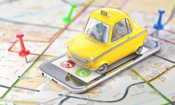 Conceito Táxi Carro Táxi Retro Amarelo Tela Telefone Mapa Turvo — Fotografia de Stock