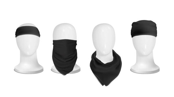 Vector. Mock Up. Black Set Bandana (buff) for head on the manekenium head
