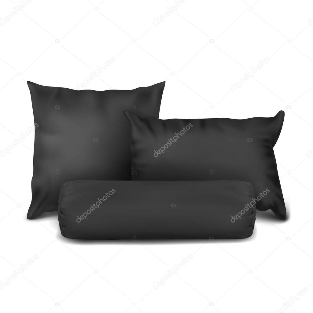 Vector. Mock Up. Black Set Pillow Square, Rectangle and Cylinder