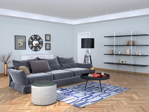 Innengestaltung Des Wohnzimmers Mit Einem Grauen Sofa Illustration — Stockfoto