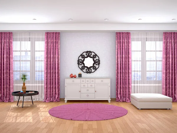 Interior design of the living room with large windows and direct curtains. 3d illustration