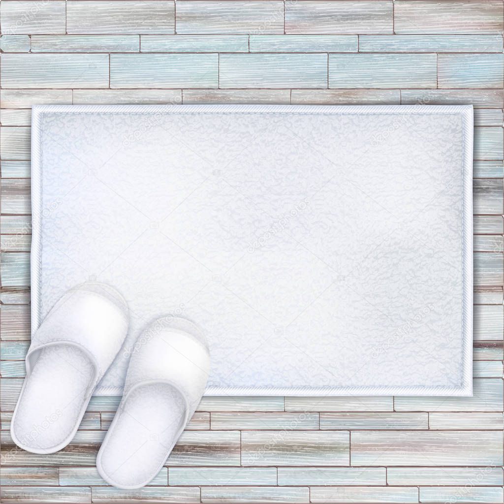 UNn Vector. Mock Up. White Set Spa unfolded Towel vs Slippers on Wood Background. Welcome mat outside the front door.