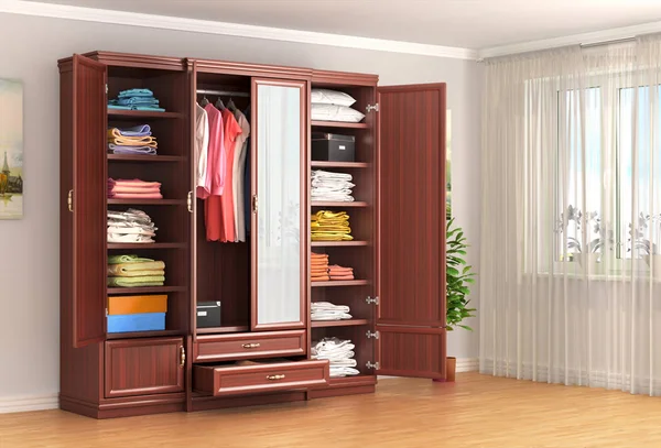 Cabinet. Wooden closet in the room near the window. 3d illustration