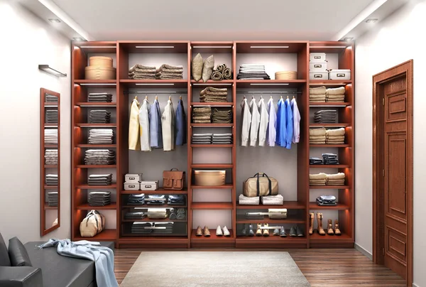 Men Wardrobe Room Illustration Modern Wooden Cabinet Clothes Hanging Rails — Stock Photo, Image