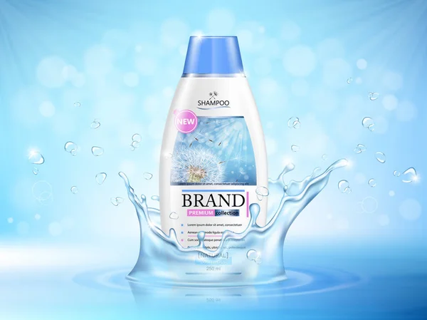 Vector Illustration Realistic Shampoo Bottle Blue Background Water Splash — Stock Vector