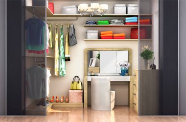 bir kadın için soyunma odası. Gardırop. 3D çizim