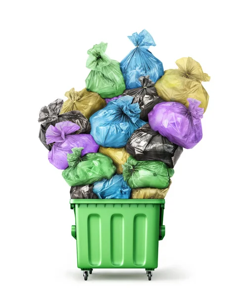 Recipiente Lixo Cheio Sacos Lixo Isolados Fundo Branco — Fotografia de Stock