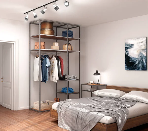 Modernes Zimmer Mit Offenem Metallschrank Bett Und Lampe Der Wand — Stockfoto