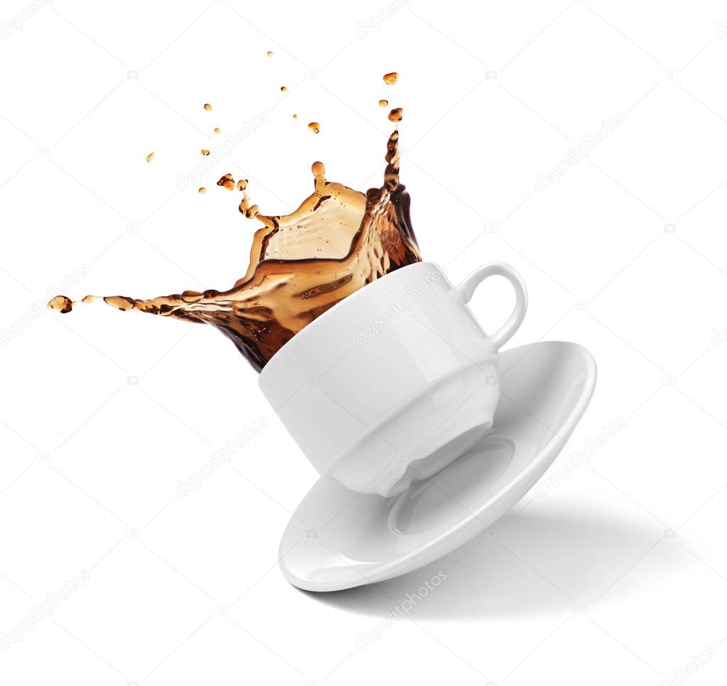 a cup of coffee, tea, splashes