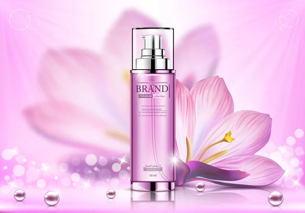 Ilustracja Wektorowa Kosmetycznych Spray Reklamy Różowy Butelka Kwiat Białym Tle — Wektor stockowy