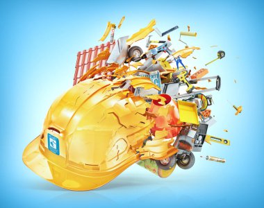 İnşaat kavramı. Besin maddeler ve içecekler kırık kask uçmak. 3D çizim