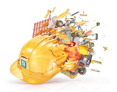 İnşaat kavramı. Besin maddeler ve içecekler kırık kask izolasyonu beyaz sinek. 3D çizim