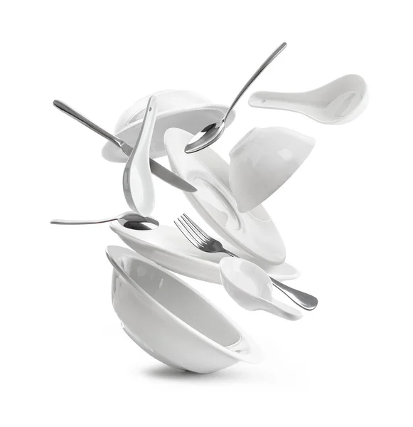 Falling Dishes Cutlery White Background — Stock Photo, Image