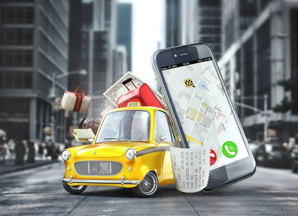 Taxi Concept Gele Retro Taxi Auto Buurt Van Telefoon Met — Stockfoto