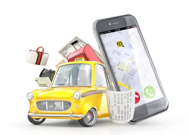 Taxi Concept Gele Retro Taxi Auto Buurt Van Telefoon Met — Stockfoto