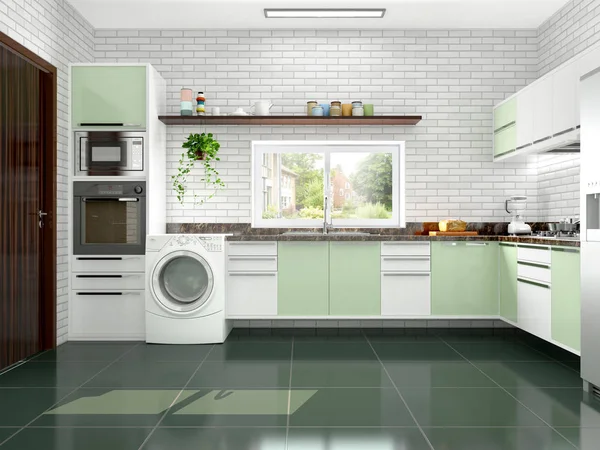 Modernes Interieur Der Küche Mit Waschmaschinen Illustration — Stockfoto