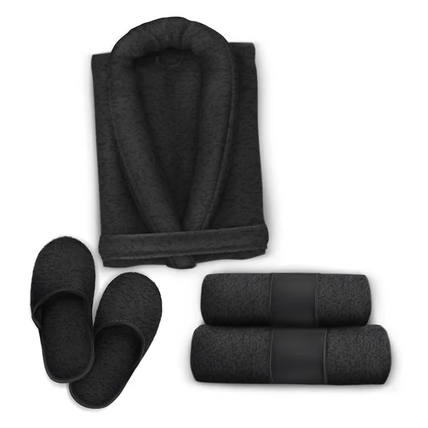 Vector Mock Black Set Spa Towel Slippers Bathrobe — Stock Vector