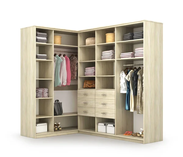 Wardrobe. Open closet with things. 3d illustration