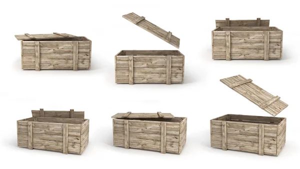 白に分離された別のビューで木製の箱 イラストレーション — ストック写真