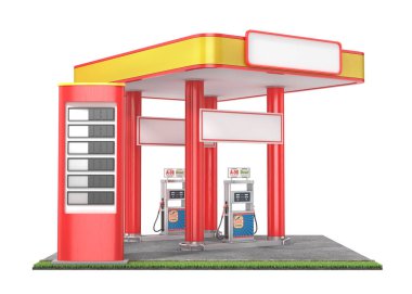 Benzin İstasyonu, beyaz bir arka plan üzerinde izole. 3D çizim