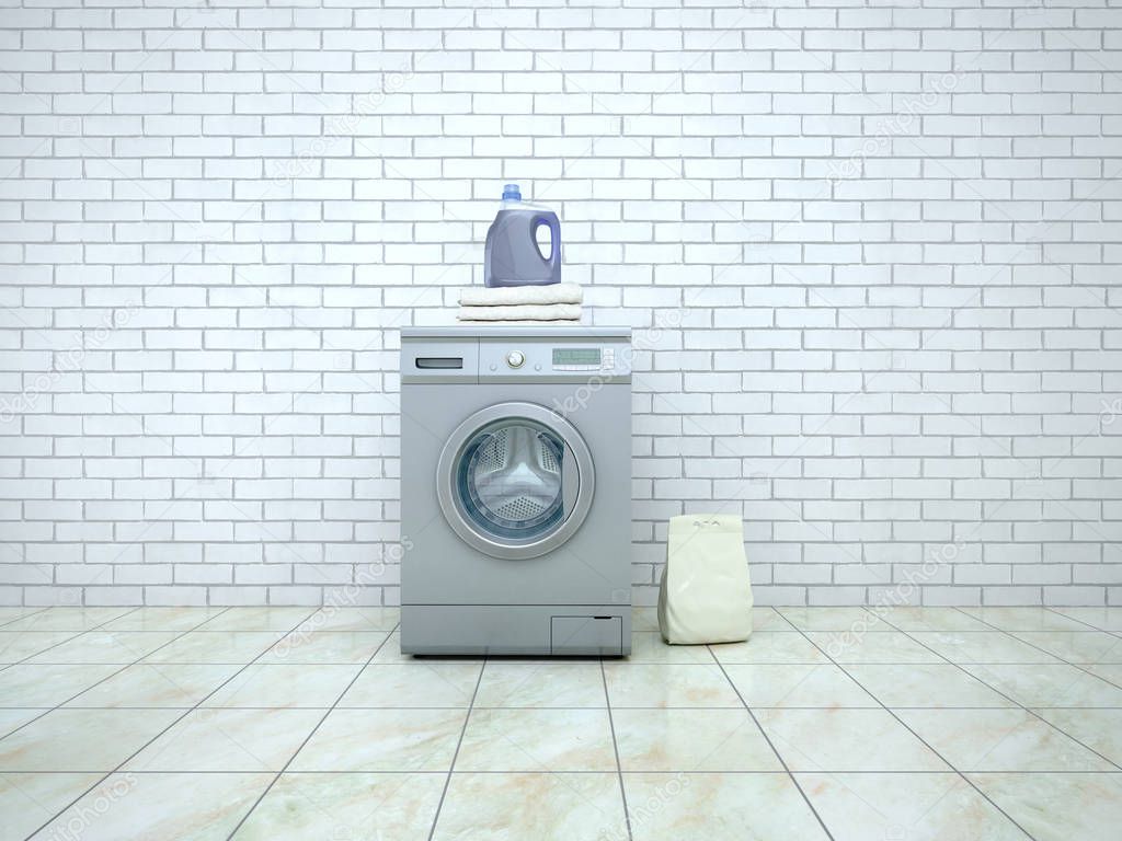Laundry. Washing machine with detergent and towels. 3d illustration