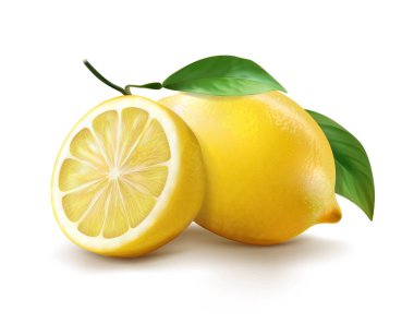 Beyaz arkaplanda yaprakları olan limon.