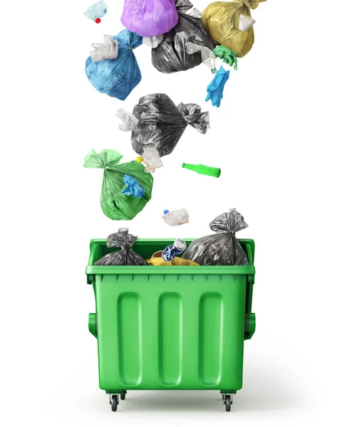 Lixo Cai Uma Lata Lixo Fundo Branco — Fotografia de Stock