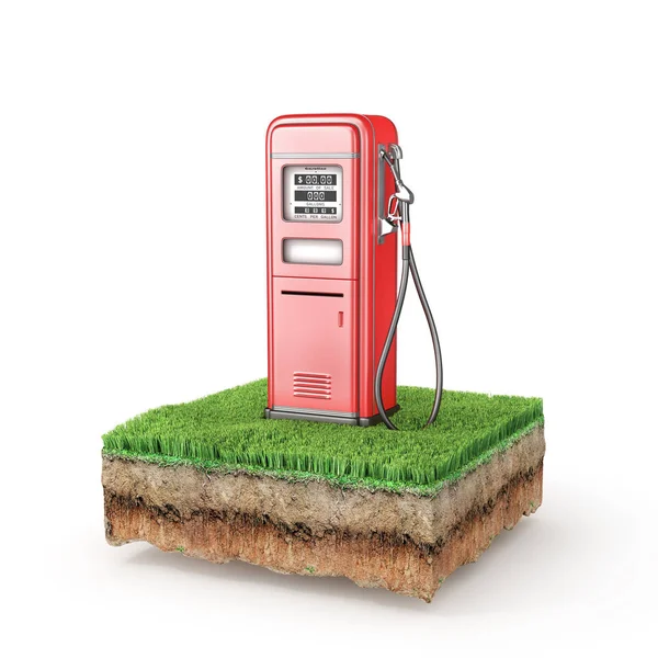 Red Retro Gas Stsation Piece Ground Grass Illustration — Stock Photo, Image