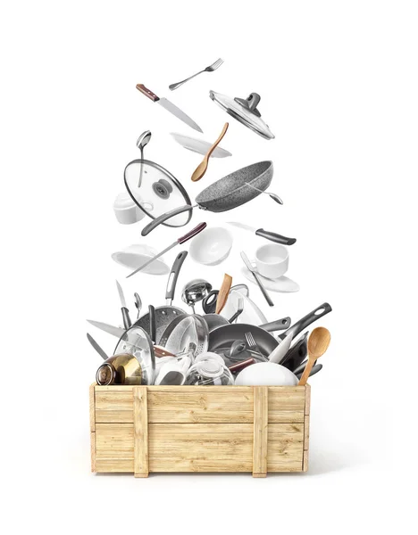 Wooden Box Flying Utensils Isolated White Background — Stock Photo, Image