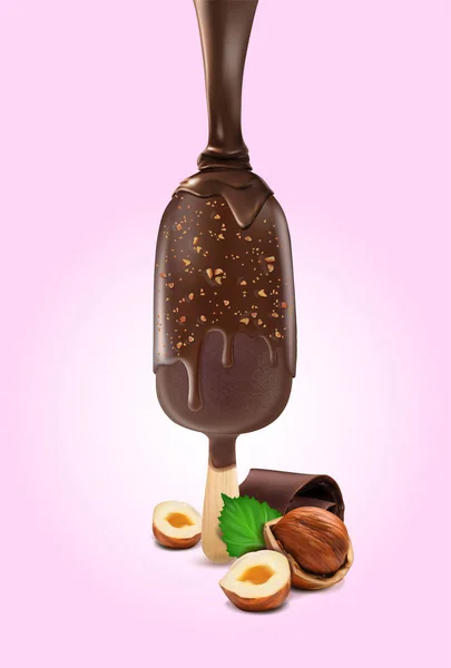 Ice Cream Borított Csokoládé Mártással Mogyoró Egy Rózsaszín Háttér Illusztráció — Stock Vector