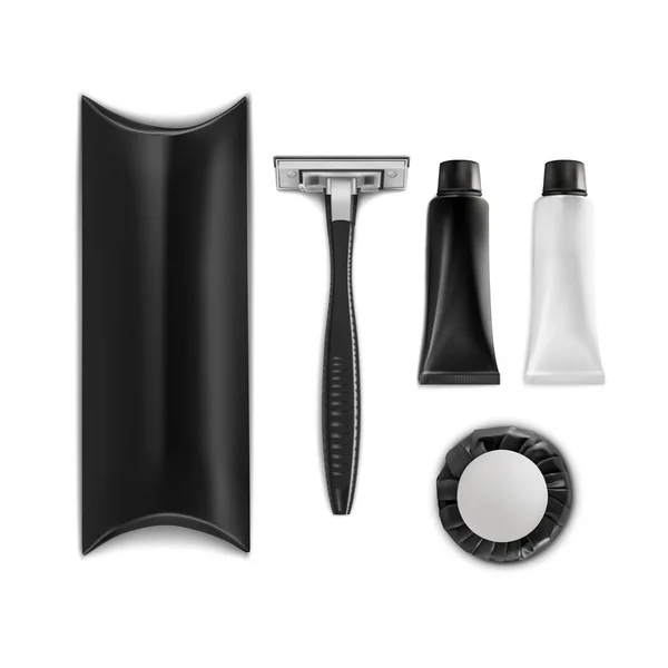 Vettore Finto Set Nero Rasatura Scatola Cuscini Macchina Barba Tubo — Vettoriale Stock