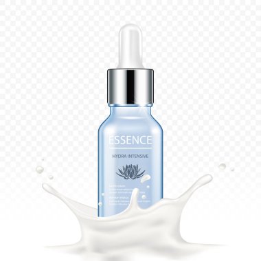 Nemlendirici özü reklamlar poster şablonu. Kozmetik ürün. Kozmetik Ambalaj mockup tasarım. Krem taç sıçrama ile özü şişe. Vektör çizim.