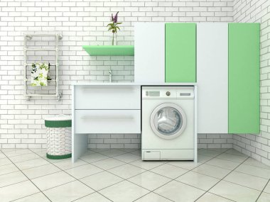banyo dolapları ile çamaşır makinesi. 3D çizim